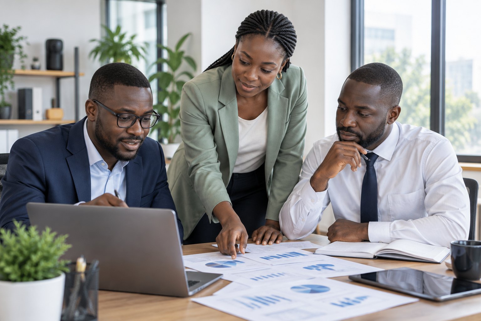 Business professionals reviewing financial records and a business plan together