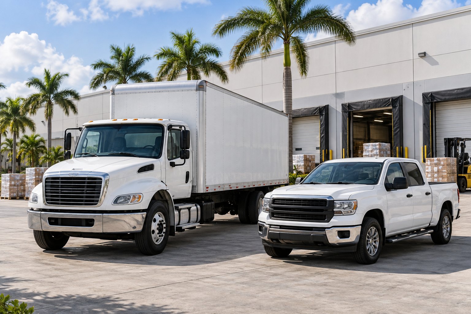 Unbranded commercial truck and pickup at a distribution warehouse