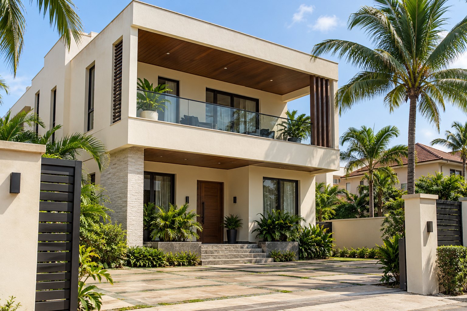 Modern residential property with a balcony and tropical landscaping