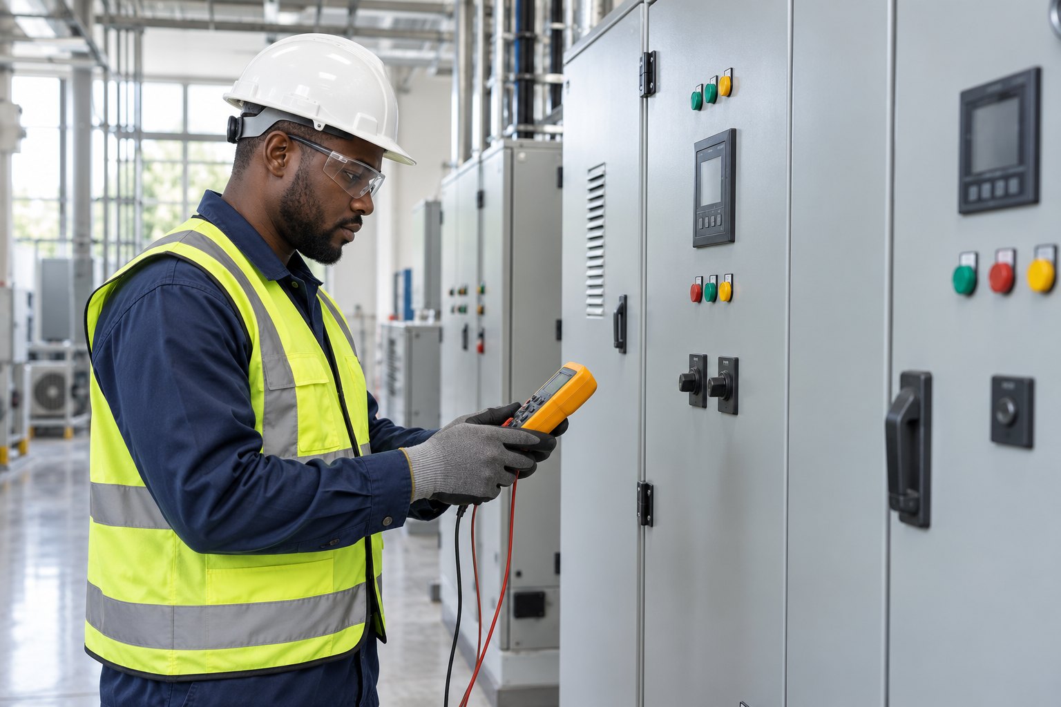 Maintenance electrician inspecting a control cabinet in a commercial facility