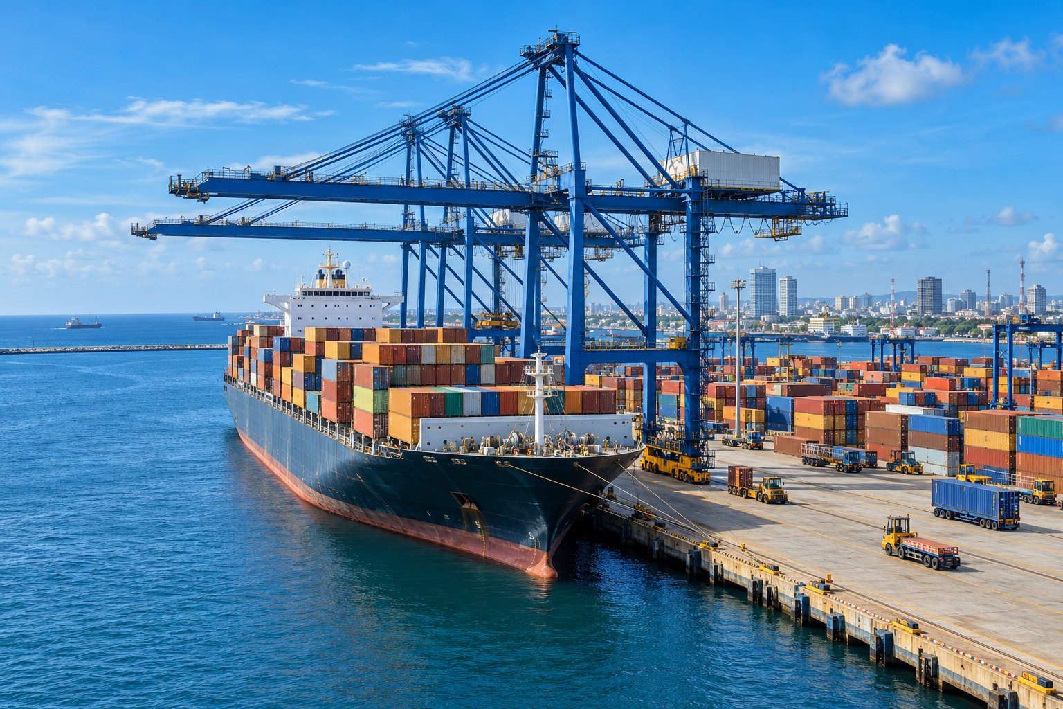 Container ship, stacked containers and gantry cranes at a tropical port